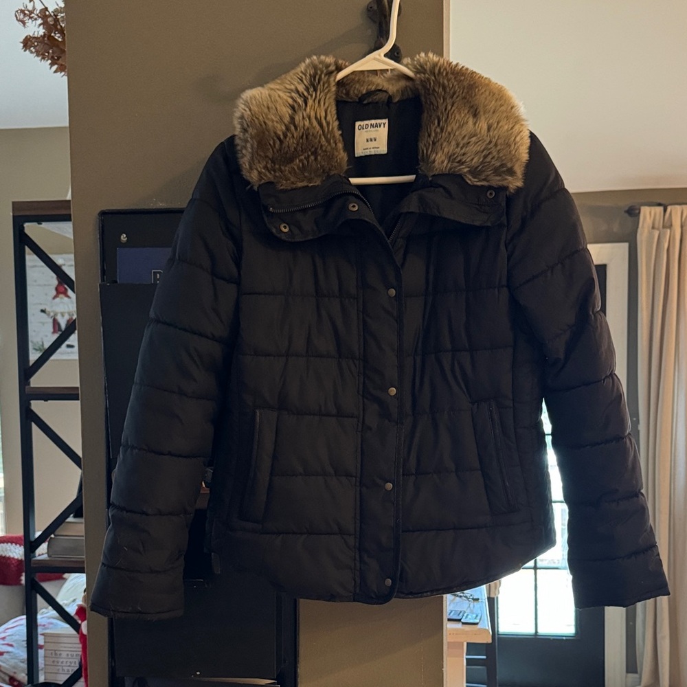 Old Navy Black Puffer Jacket with Faux Fur Trim